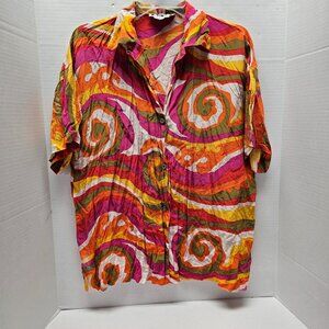 KIKIT Maurice Sasson Colorful Whimsical Orange Pink Womens Silk Shirt Top Art XL